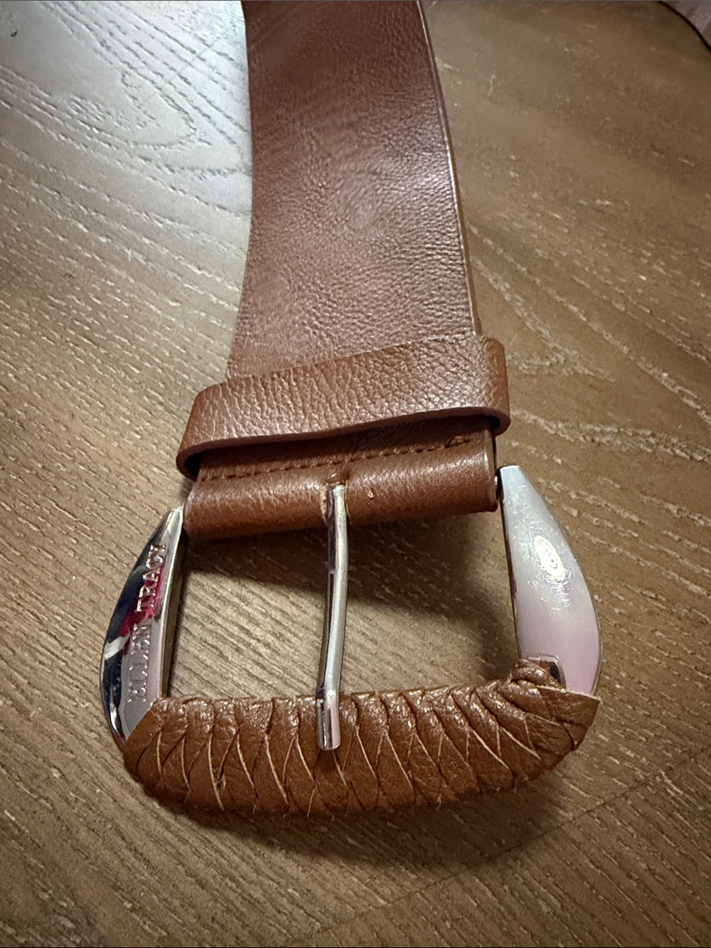 Women’s Ellen Tracy Wide Brown Leather Belt with Braided Buckle Detail